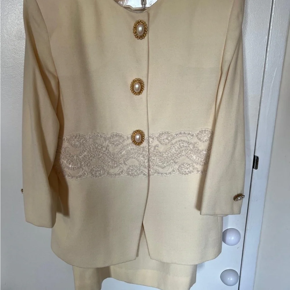 Dior Women's Cream Blazer with Skirt Gold Accents